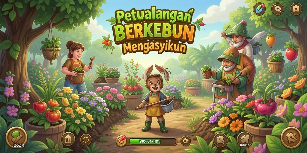 Tangkapan layar gameplay 365ZK menampilkan petani yang merawat tanaman di kebun.