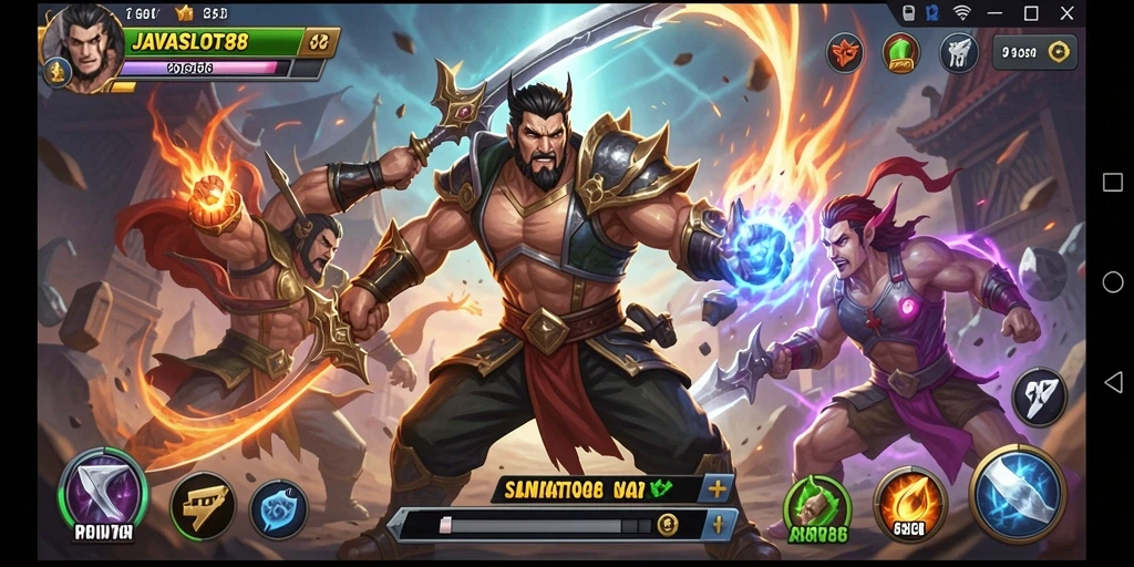 Tampilan gameplay seru dalam <strong>JAVASLOT88</strong> menampilkan karakter sedang bertarung dengan latar belakang yang fantastis.