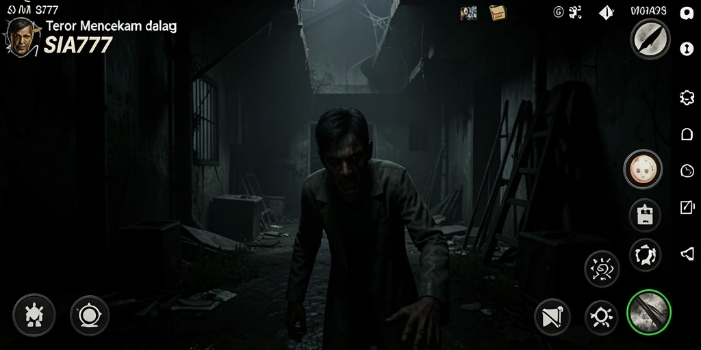 Screenshot gameplay SIA777 menunjukkan suasana mencekam dan karakter menakutkan.