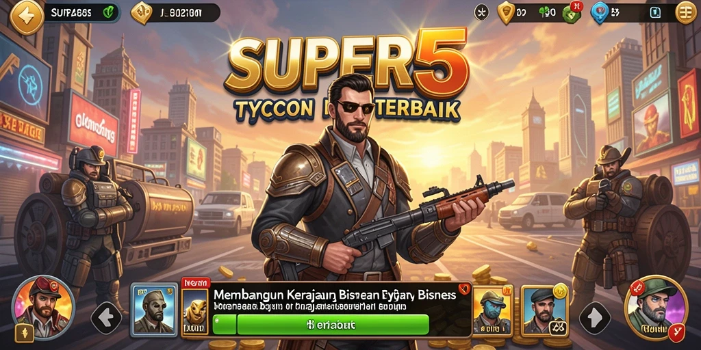 Screenshot SUPER5 menunjukkan gameplay mengelola bisnis Tycoon secara intensif.