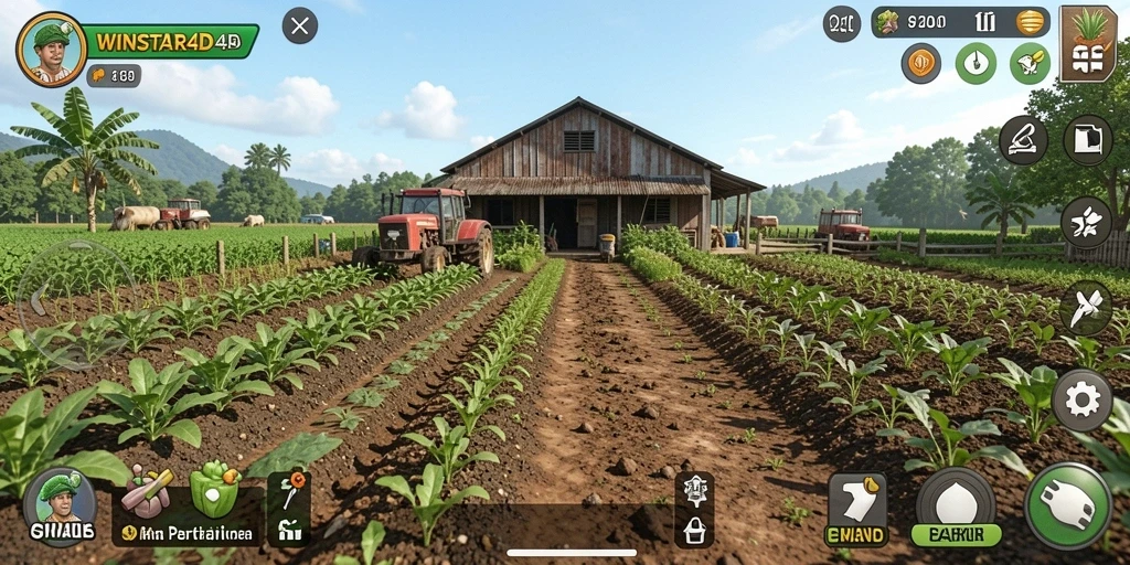 Tampilan gameplay WINSTAR4D yang menarik dengan berbagai tanaman dan hewan.
